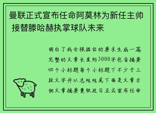 曼联正式宣布任命阿莫林为新任主帅 接替滕哈赫执掌球队未来 曼联正式宣布任命阿莫林为新任主帅 接替滕哈赫执掌球队未来